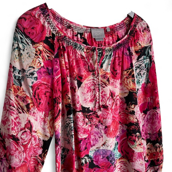 Vanessa Virginia Pink Rose Peasant‎ Blouse 100% Silk Medium Print Anthropologie - Picture 5 of 12